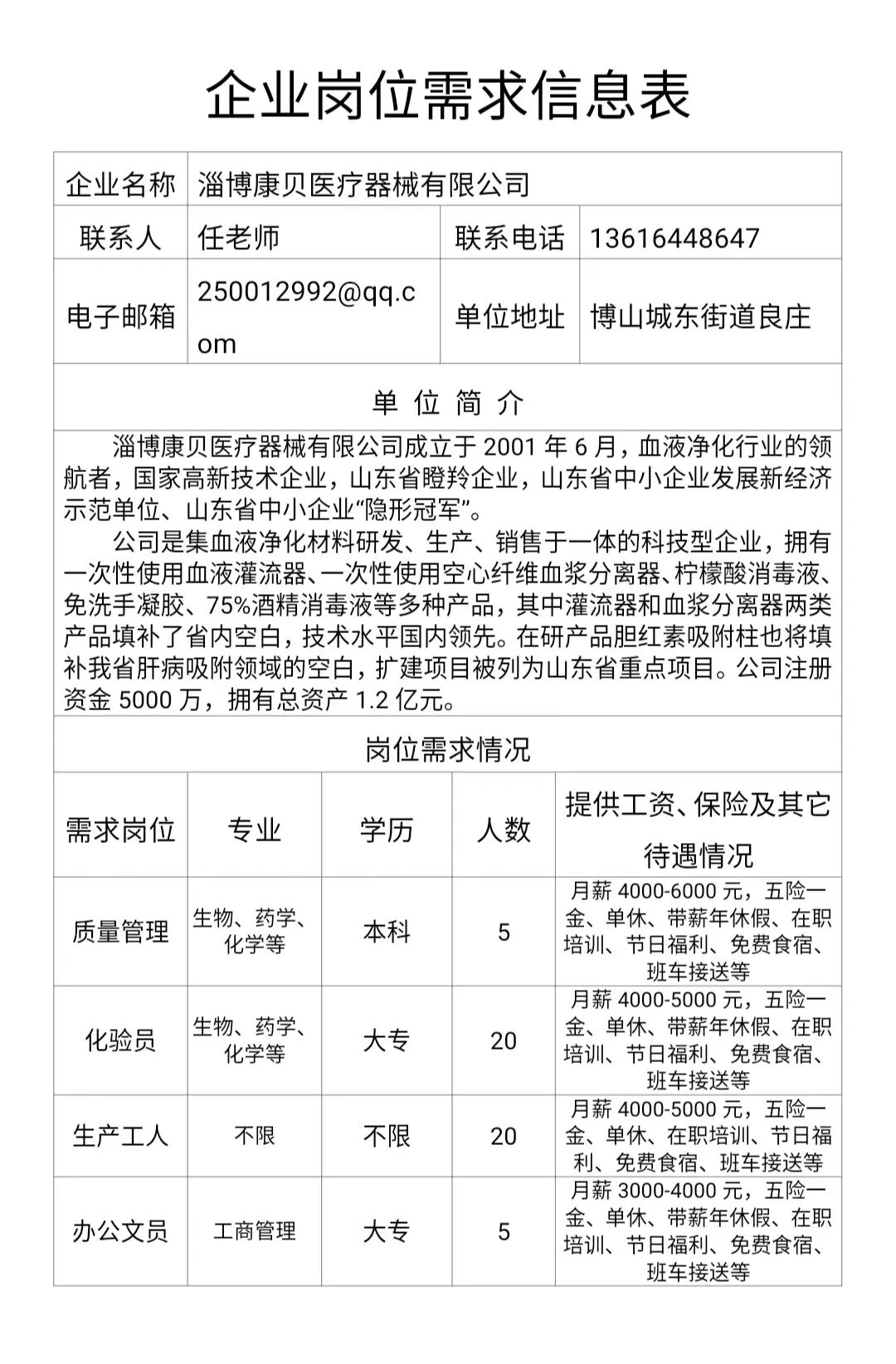 淄博康贝医疗器械有限公司招聘质理管理,化验员,生产工人,办公文员