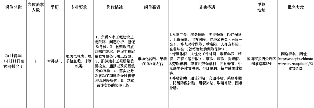 中国铁塔股份有限公司淄博市分公司招聘项目管理