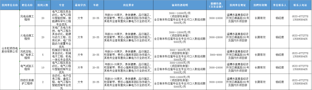  山东虹桥热电股份有限公司招聘运维工程师,检修,电气试验工程师,仪表维护工程师