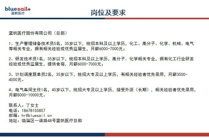 蓝帆医疗股份有限公司招聘技术员,研发,电气车间主任