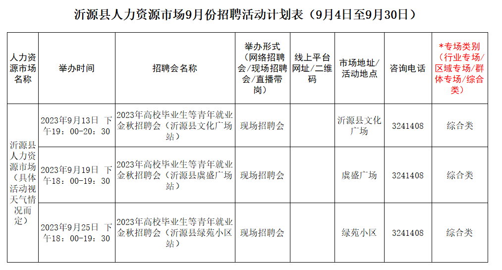 沂源县2023年高校毕业生等青年就业金秋招聘会