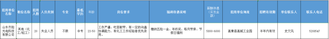 山东齐阳光电科技有限公司招聘化工,轻工人员