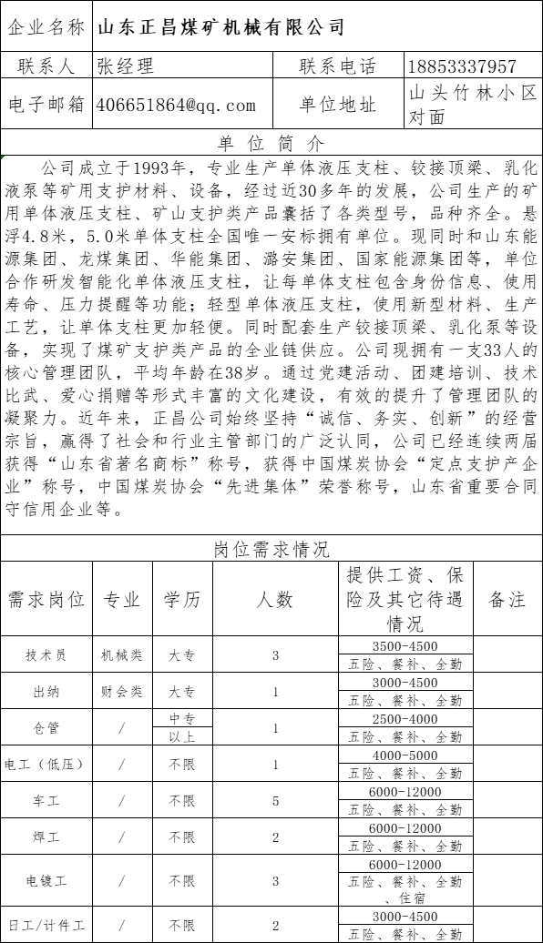 山东正昌煤矿机械有限公司招聘技术员,出纳,仓管,电工,车工,焊工,电镀工,日工,计件工