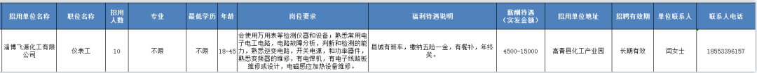 淄博飞源化工有限公司招聘仪表工