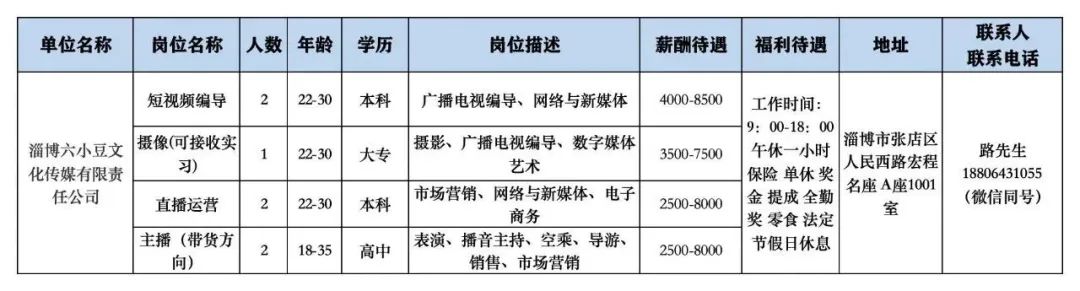 淄博六小豆文化传媒有限责任公司招聘短视频编导,摄像,直播运营,主播(带货方向)