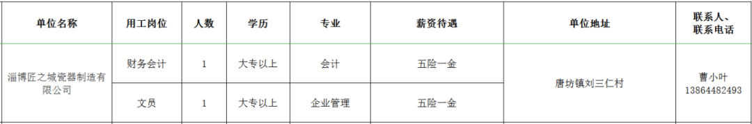 淄博匠之城瓷器制造有限公司招聘财务会计,文员