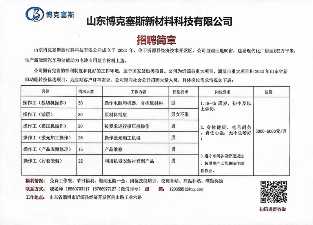 山东博克塞斯新材料科技有限公司招聘简章