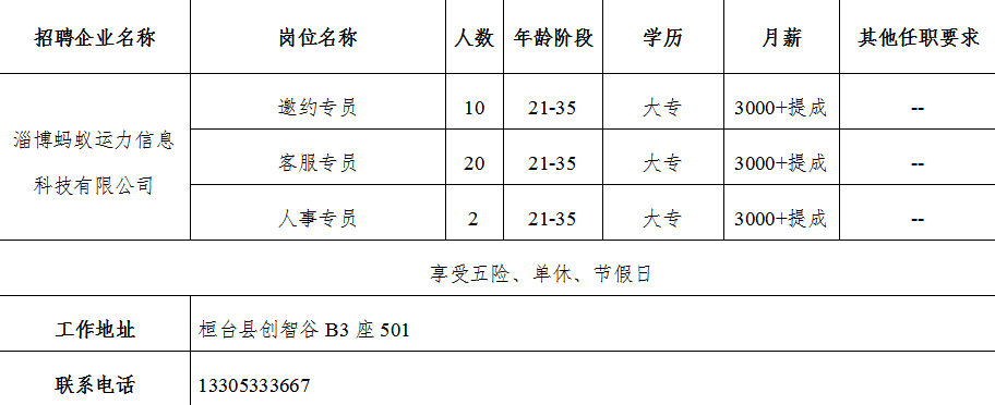 淄博蚂蚁运力信息科技有限公司招聘邀约专员,客服专员,人事专员