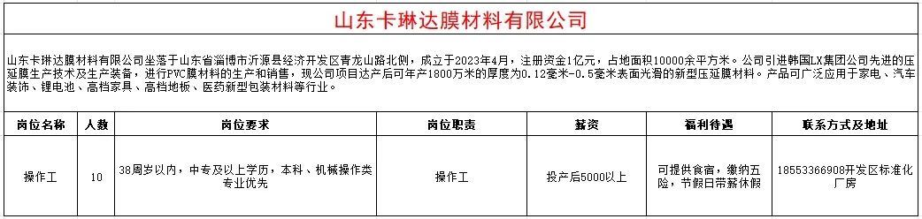 山东卡琳达膜材料有限公司招聘操作工