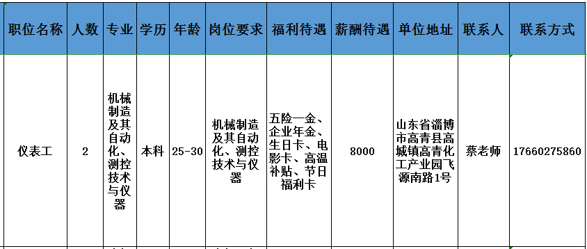 南大光电（淄博）有限公司招聘仪表工