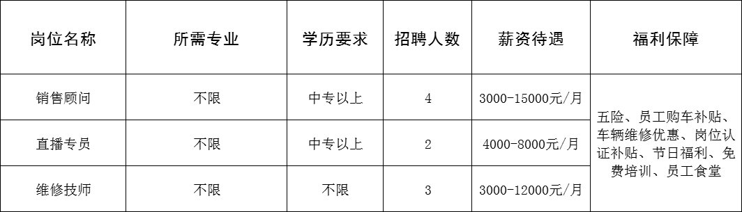 淄博安泰汽车销售服务有限公司招聘销售顾问,直播专员,维修技师