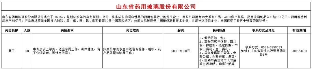 山东省药用玻璃股份有限公司招聘普工