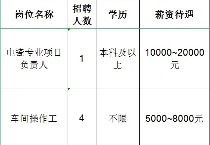 山东华澳陶瓷科技有限公司招聘电瓷专业项目负责人,车间操作工