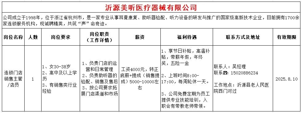 沂源美听医疗器械有限公司招聘连锁门店销售主管/店员