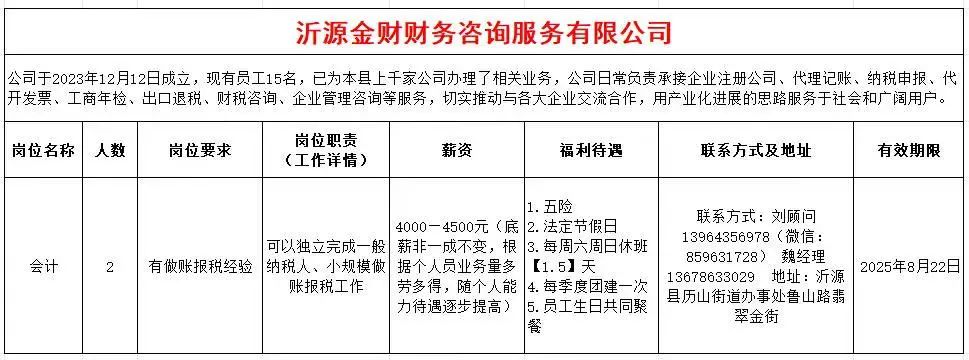 沂源金财财务咨询服务有限公司招聘会计