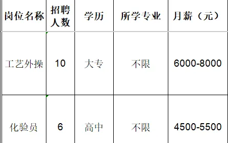 山东宝塔新能源有限公司招聘工艺外操,化验员