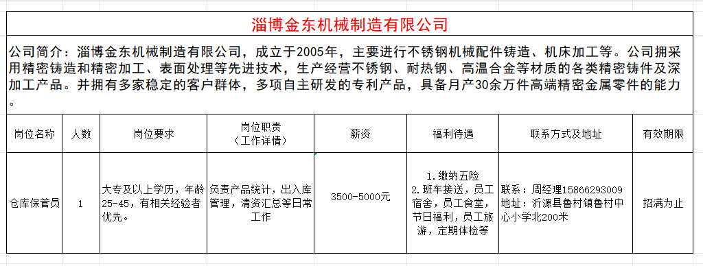 淄博金东机械制造有限公司招聘仓库保管员