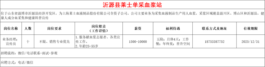 沂源县莱土单采血浆站招聘业务经理,宣传员