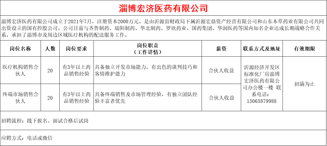淄博宏济医药有限公司招聘医疗机构销售合伙人,终端市场销售合伙人