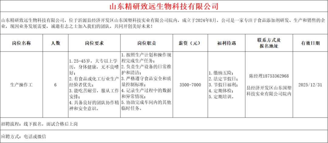 山东精研致远生物科技有限公司招聘生产操作工