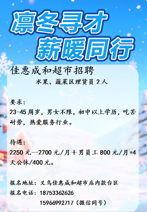 沂源佳惠成和超市招聘水果,蔬菜区理货员