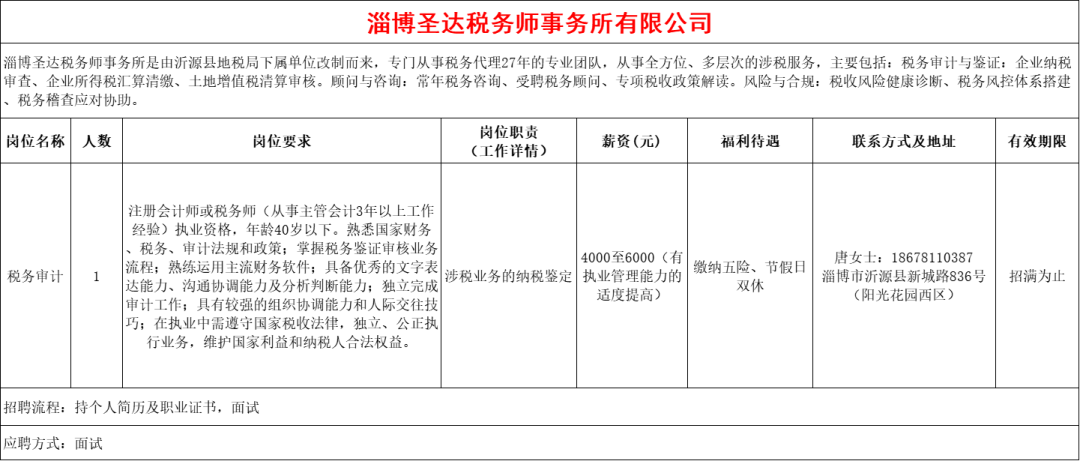 淄博圣达税务师事务所有限公司招聘税务审计