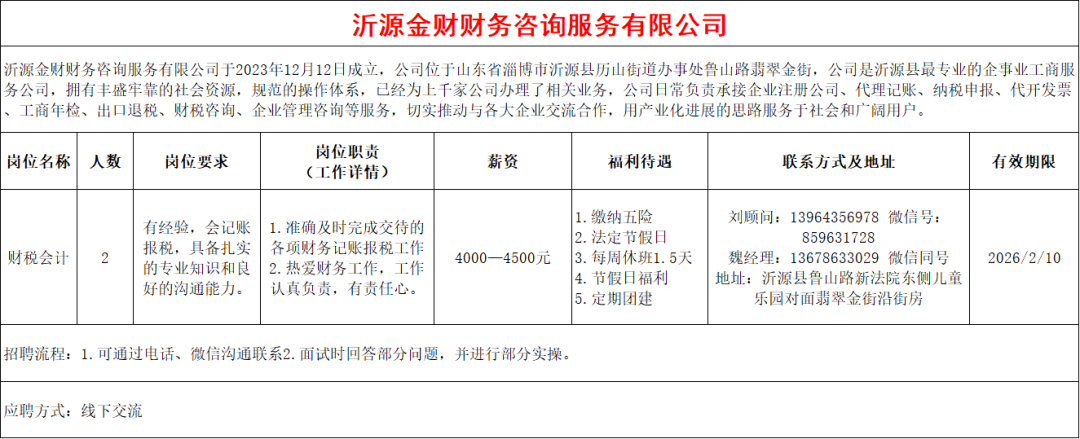 沂源金财财务咨询服务有限公司招聘财税会计