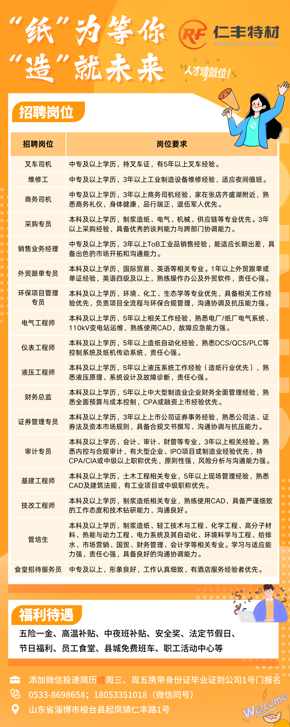 仁丰特种材料招聘叉车司机,维修工,商务司机,采购专员,销售业务经理,外贸跟单专员,环保项目管理专员,电气工程师,财务等人才