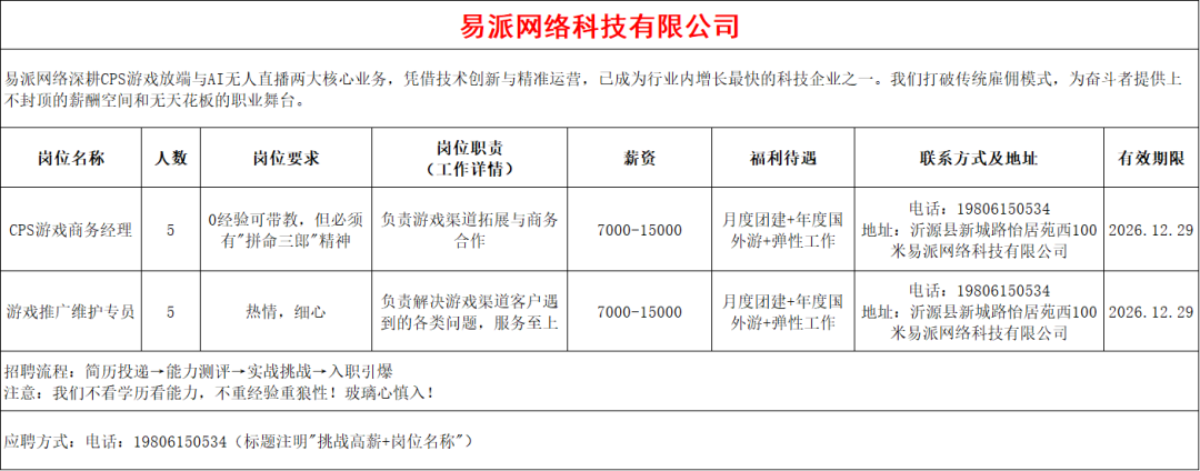 易派网络科技有限公司招聘cps游戏商务经理,游戏推广维护专员