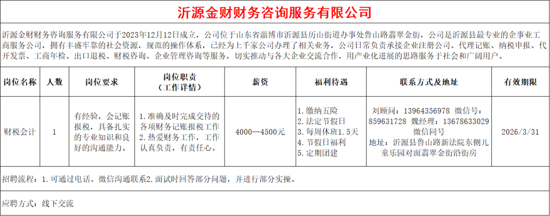 沂源金财财务咨询服务有限公司招聘财税会计