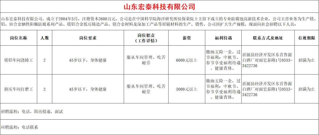 山东宏泰科技有限公司招聘浇铸工,打磨工