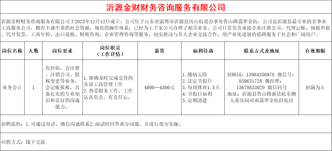 沂源金财财务咨询服务有限公司招聘业务会计