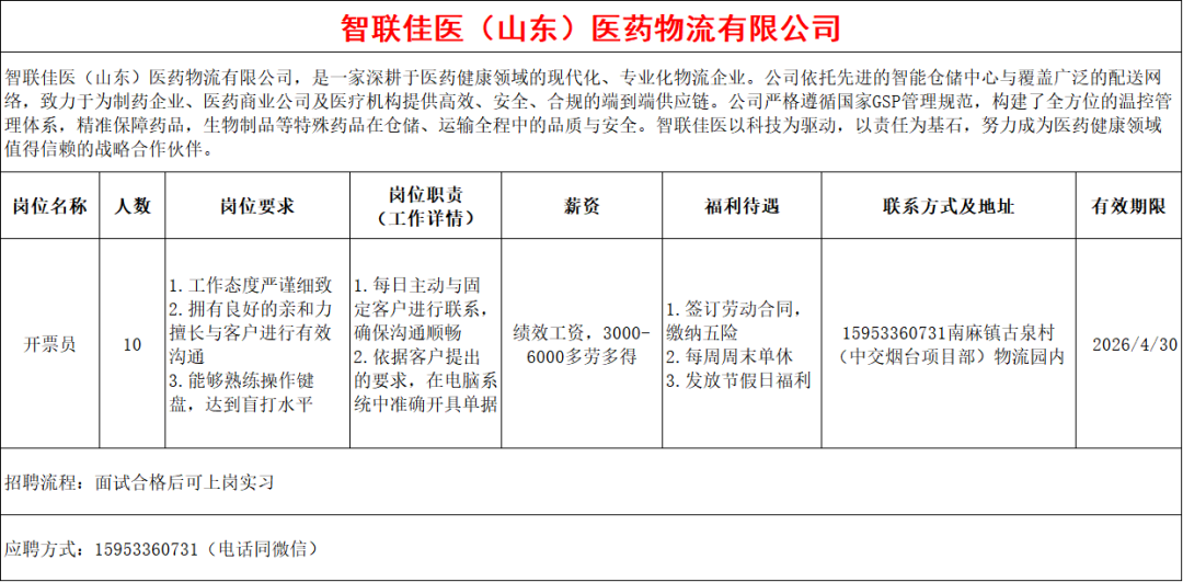 智联佳医(山东)医药物流有限公司招聘开票员