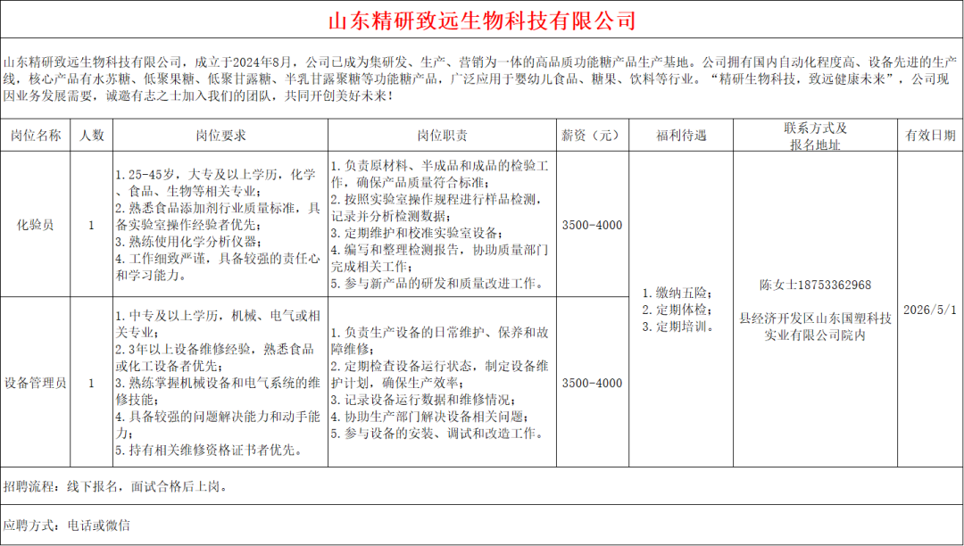 山东精研致远生物科技有限公司招聘化验员,设备管理员