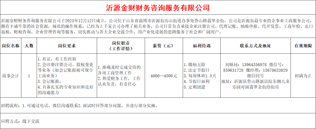 沂源金财财务咨询服务有限公司招聘商事会计