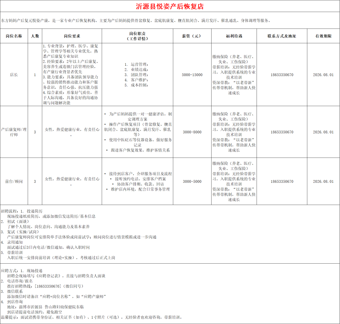 沂源县悦姿产后恢复店招聘店长,产后康复师,理疗师,前台,顾问