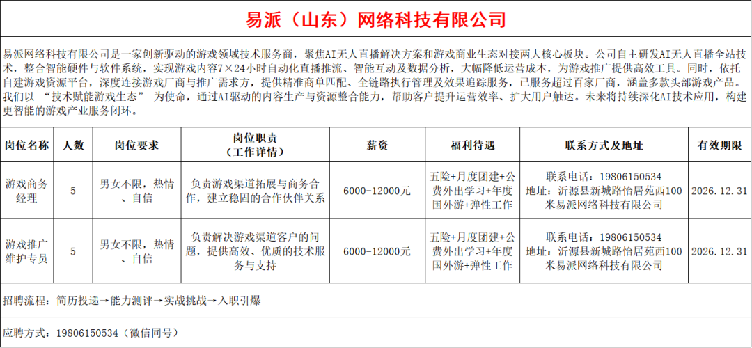 易派(山东)网络科技有限公司招聘游戏商务经理,游戏推广维护专员