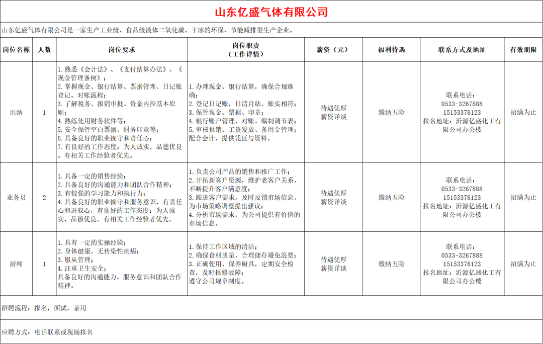 山东亿盛气体有限公司招聘出纳,业务员,厨师
