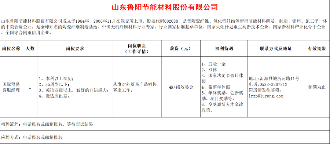 山东鲁阳节能材料股份有限公司招聘国际贸易客服经理