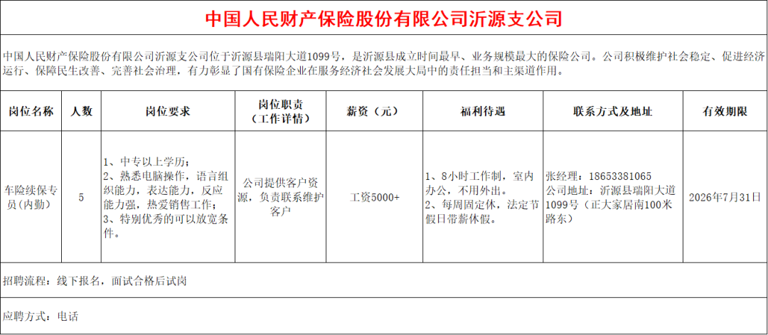 中国人民财产保险股份有限公司沂源支公司招聘车险续保专员